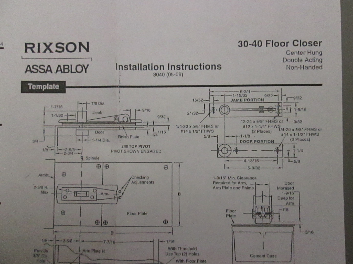Rixson 30 Double Acting Center Hung Floor Closer Body