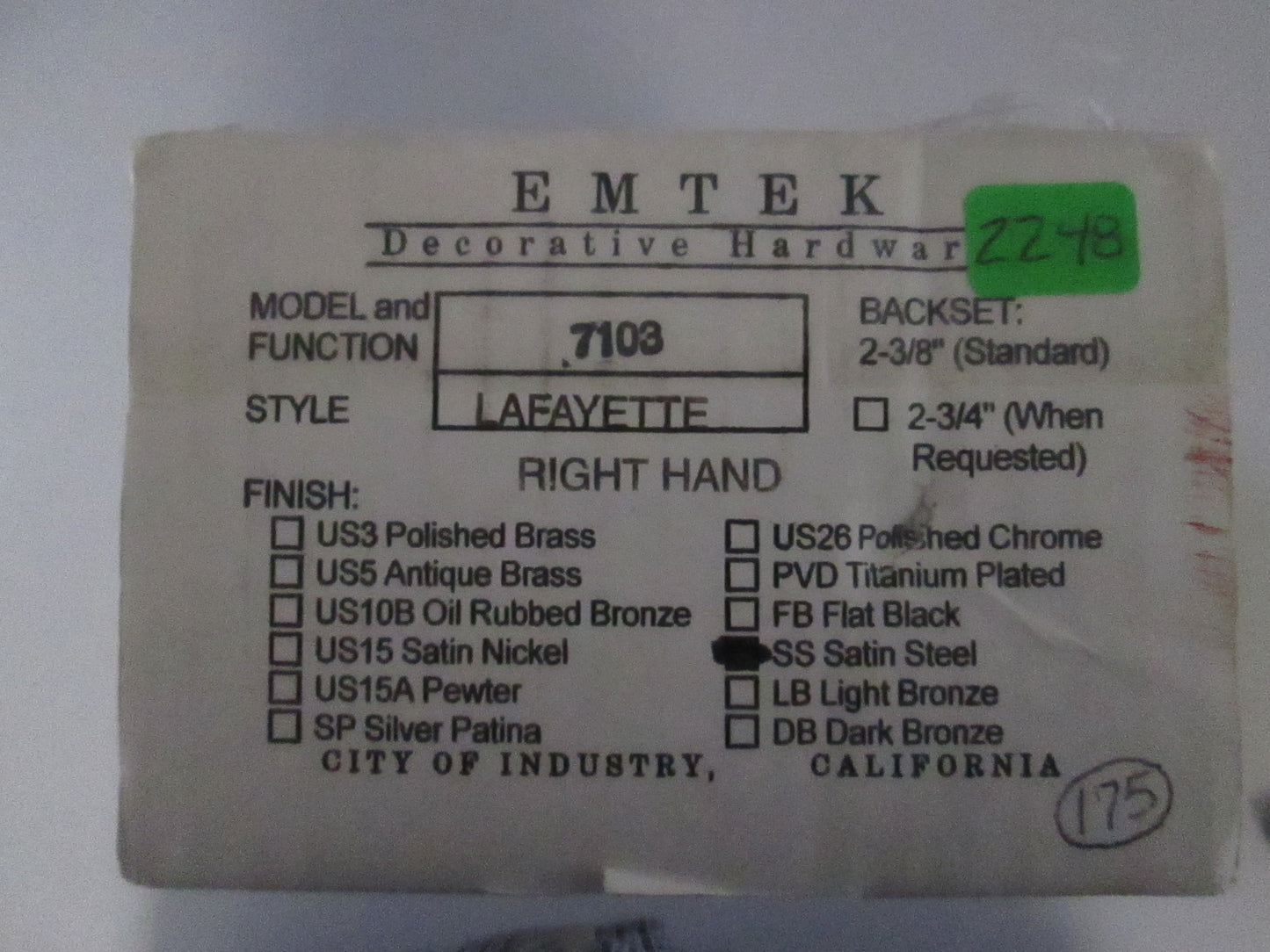 Emtek 7103 Passage Set with Lafayette Style Levers Satin Steel