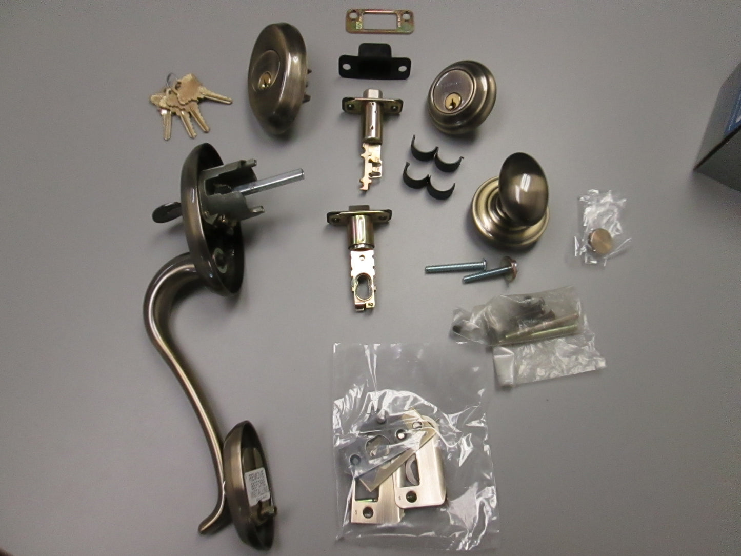 Schlage FA Series Handle Set with Double Cylinders and Danbury Knob Antique Brass