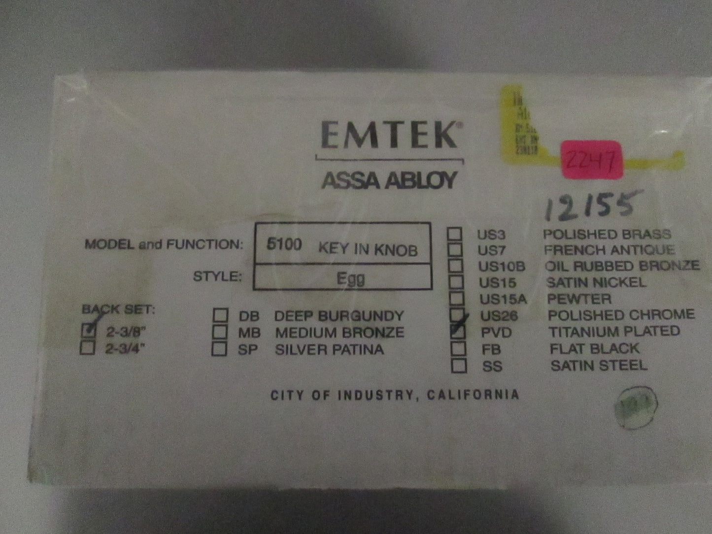 Emtek 5100 Entry Set with Egg Style Knob Titanium Plated Polished Brass